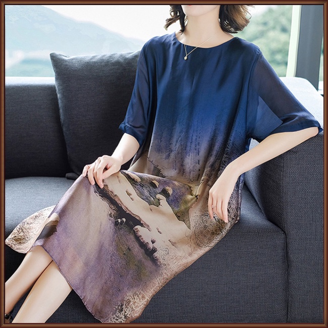 Đầm Tay Ngắn Dáng Rộng Bằng Lụa Mát Mỏng In Họa Tiết Thời Trang Xinh Xắn Cho Nữ