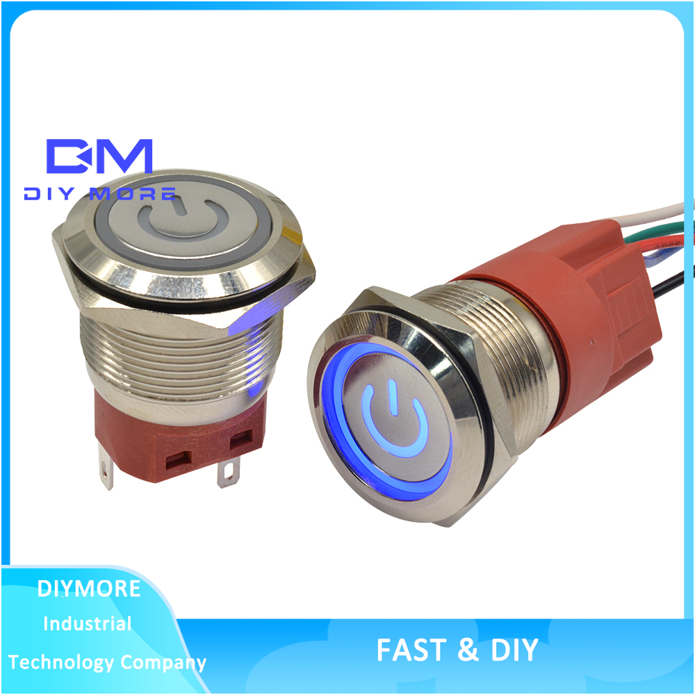 NEW 22MM Push Button Switch 250V 5A Self Locking Latching Circle Round Blue LED Ring Light Switch with Power Symbol 9-24V for Car