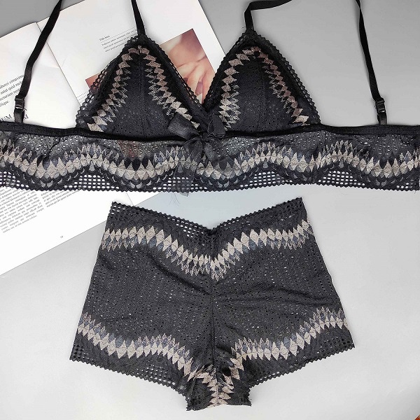 Bộ đồ lót ren sexy🔥 NS040 ren đen gân hoa văn không gọng mút vừa gợi cảm quần boxer Nhà Sò Bra.com