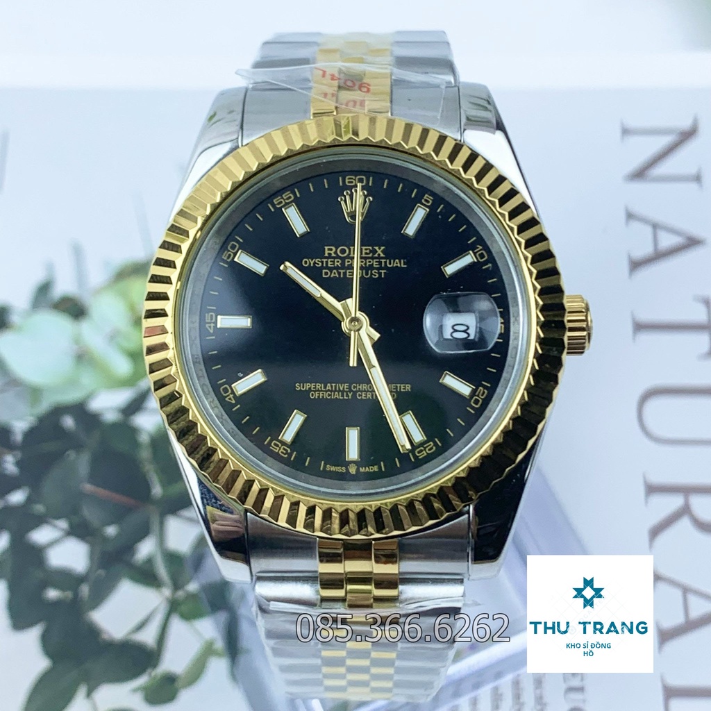 Đồng hồ nam Rolex cơ Automatic máy Nhật mẫu đen viền vàng dây demi cọc số DẠ QUANG- ĐÍNH ĐÁ size 39-40mm