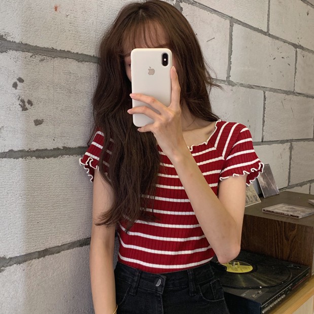 SUXI Áo croptop len thiết kế sọc ngang xinh xắn cho nữ