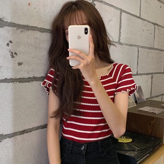 SUXI Áo croptop len thiết kế sọc ngang xinh xắn cho nữ