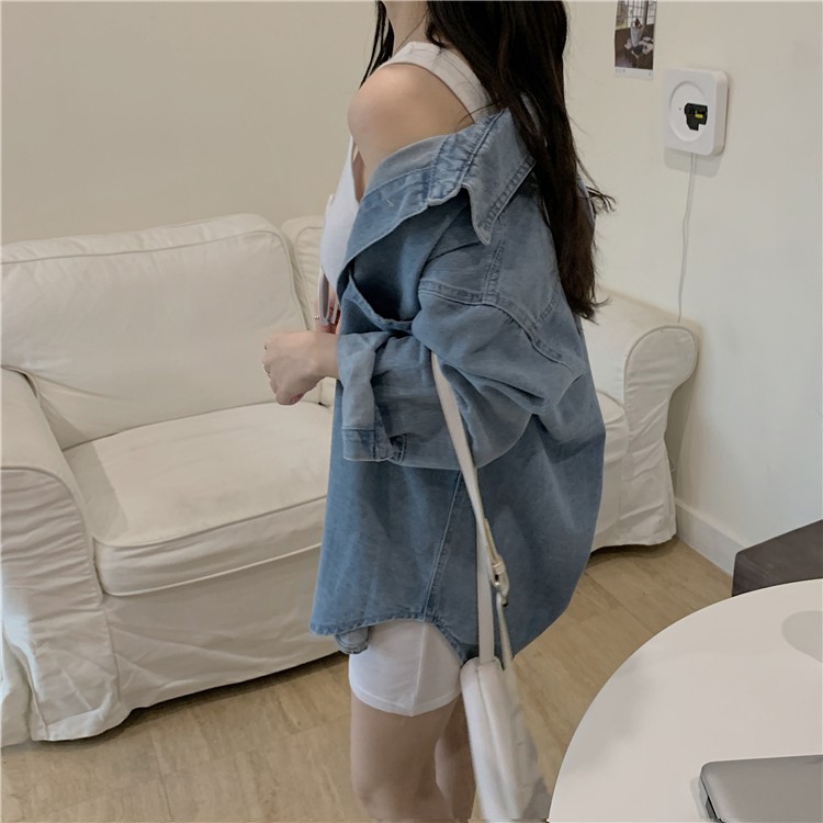 (Ảnh thật) Set áo sơ mi jean denim và đầm ôm trắng cổ V Hàn Quốc