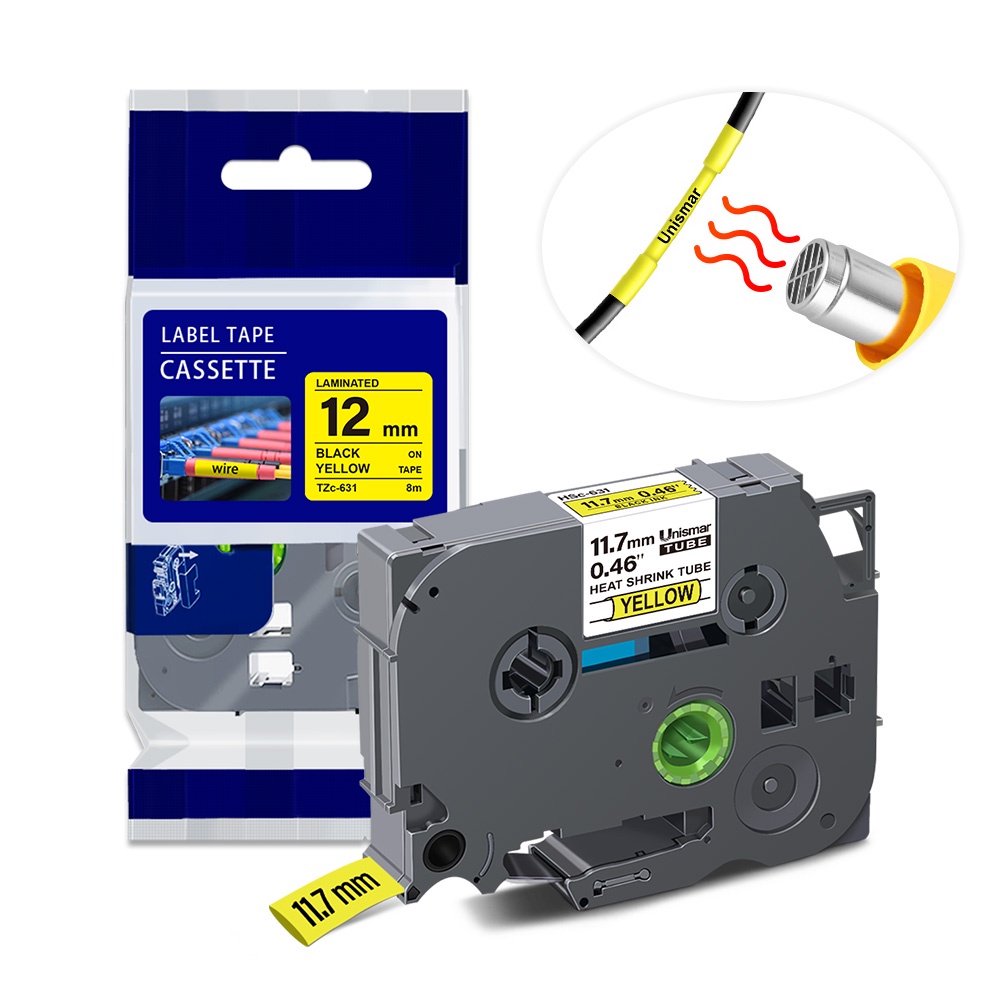 Băng Keo Co Nhiệt HSe-631 hse631 hse621 hse611 Hpe641 Hpe651 Đen Vàng 5.8mm 8.8mm 11.7mm Cho Máy In Nhãn Brother PTP750WVP