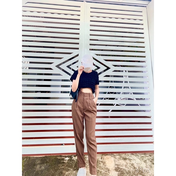 Quần baggy lưng cao hai nút khoá kéo trước thời trang