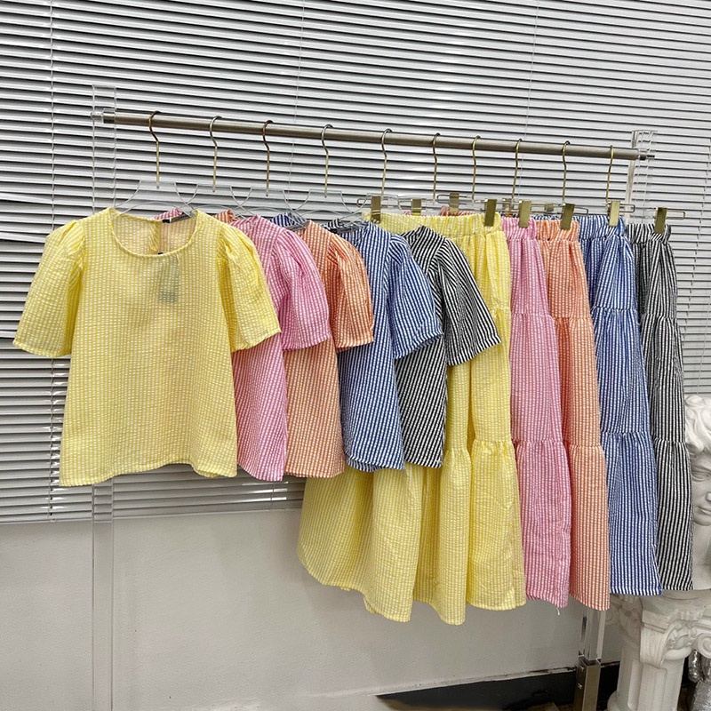 Set Bộ Kẻ Mix Chân Váy Dáng Dài Hàng Quảng Châu SB021-Violet