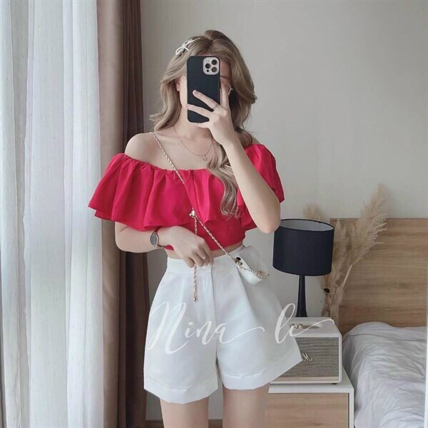 (Sale FreeShip) Sét bộ đùi đi chơi,áo lụa trễ vai thiết kế tầng mix quần tapta,chất đẹp lên from chuan,cá tính