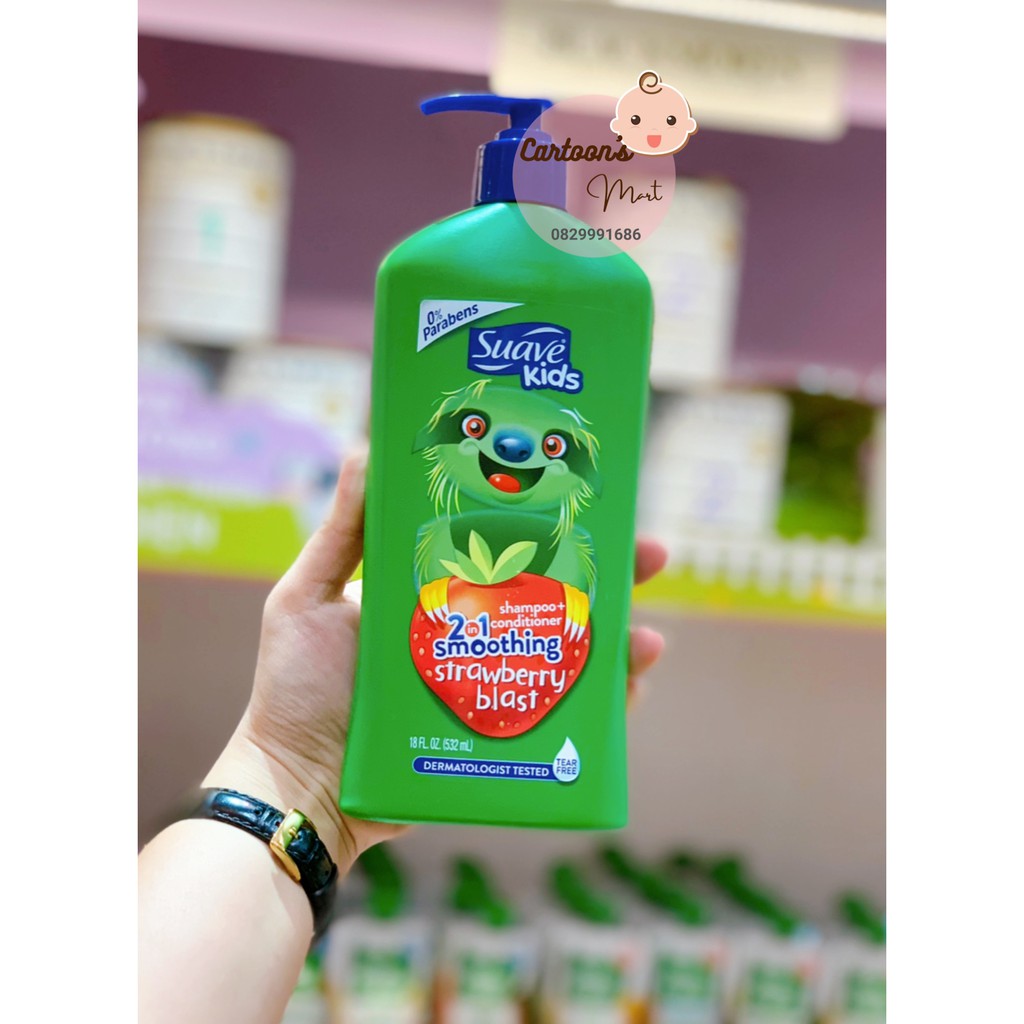 Sữa tắm, gội &amp; Xả 3in1 cho Bé Suave Kid chai vòi 532ml Táo, Dưa hấu, Dâu không cay mắt