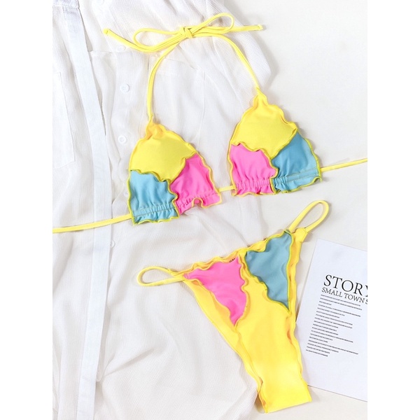 [BKN1190] &lt;ÂU&gt; SET BIKINI VÀNG MIX XANH HỒNG (QUẦN THONG/LỌT KHE)