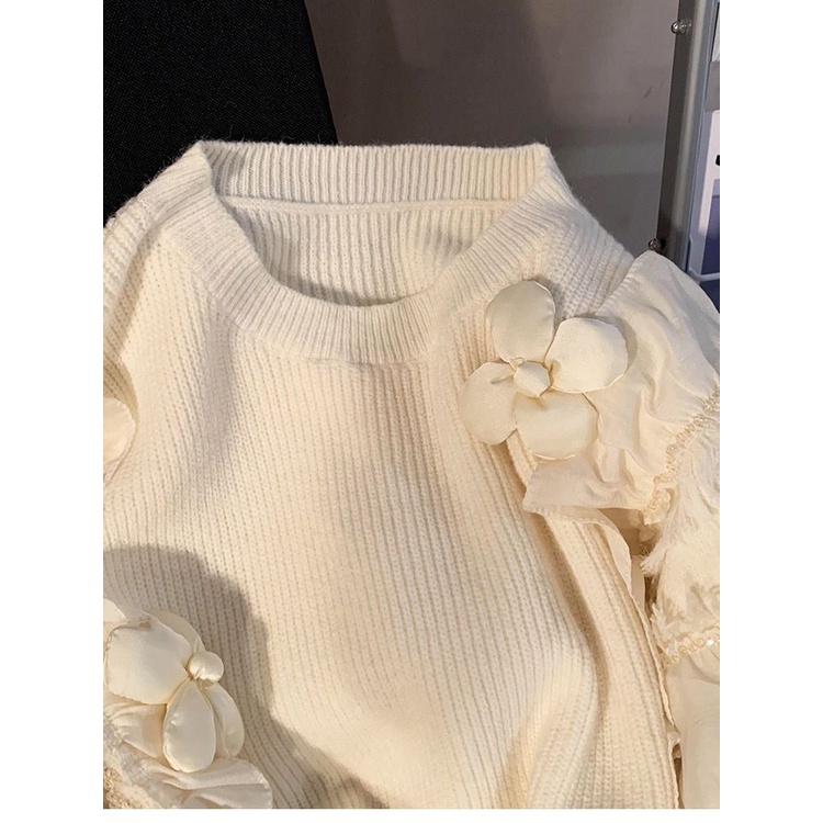 Áo Sweater Dệt Kim Sáp Mềm Dáng Rộng Phối Bèo Phong Cách Ngọt Ngào Thời Trang Mùa Thu