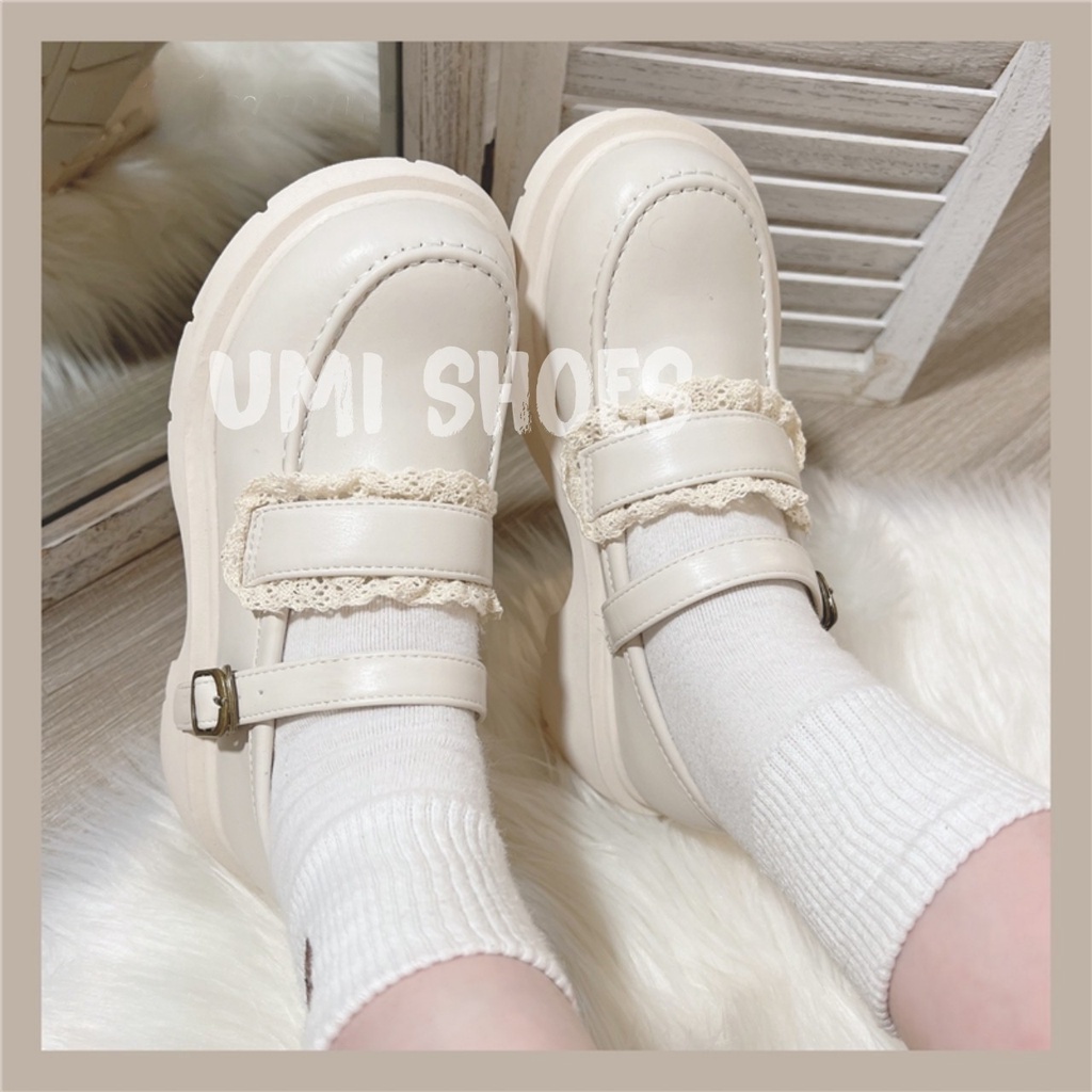 Giày Lolita Nữ Mary Quai Cài Thời Trang Phối Ren Mới Hot Da Dáng Oxford Màu Đen/Kem Học Sinh Độn Đế Cao 5cm
