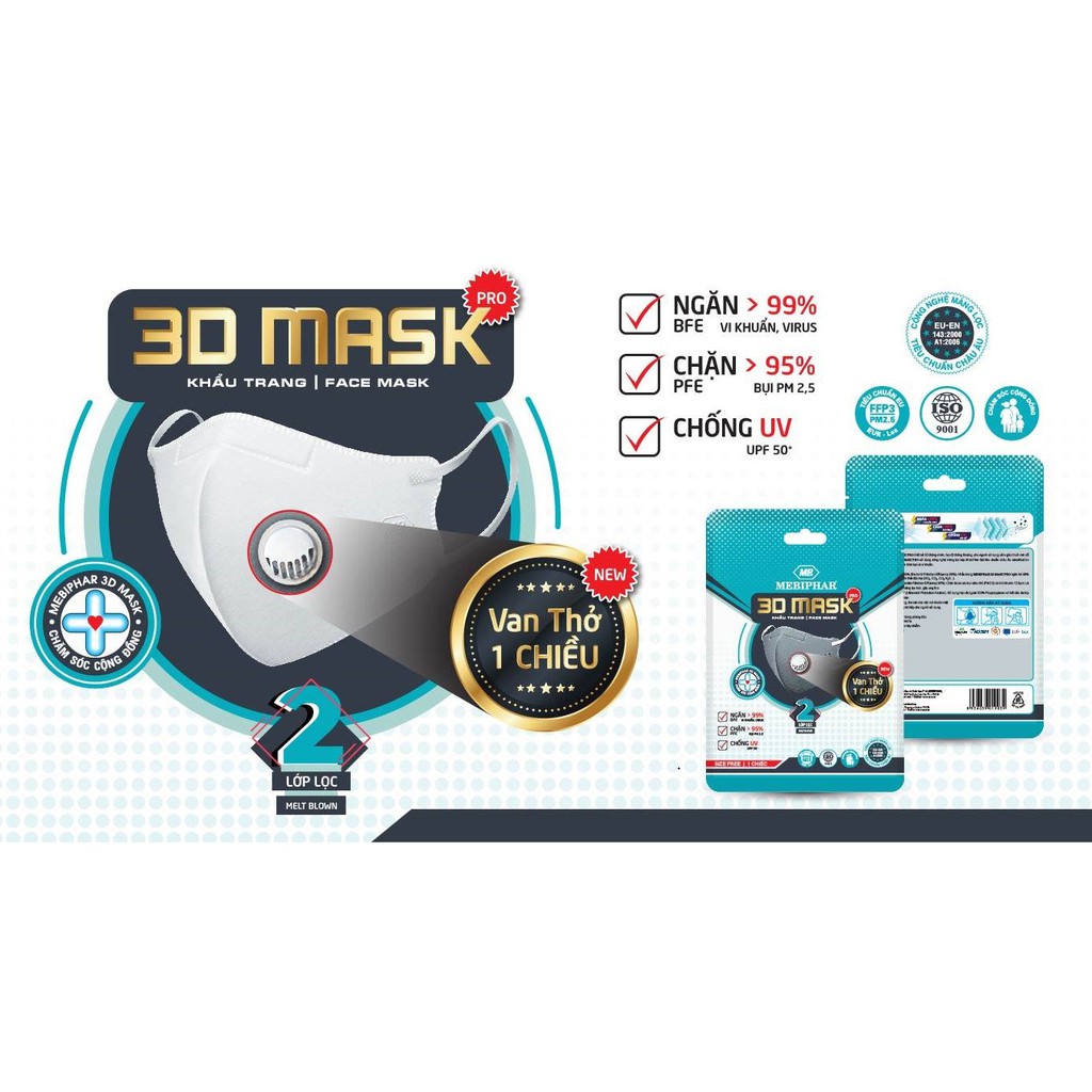 [CHÍNH HÃNG] Khẩu trang 3D Mask Pro Mebiphar CAO CẤP màu Trắng gói 1 cái_Serenys Shop
