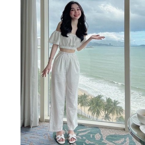 Quần ống rộng nữ cạp chun sau khoá trước lưng thun khuy cài dáng dài có túi co giãn - Quần đũi dài nữ ống rộng màu trắng