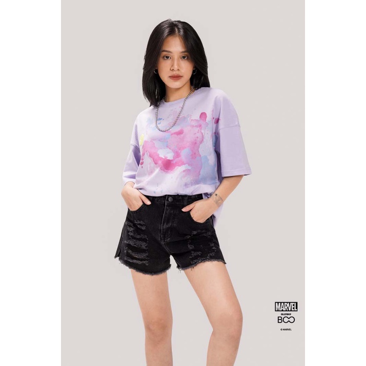 Quần Short BOO Jeans Nữ Cạp Cao Logo Marvel Phối Cào Rách Cá Tính