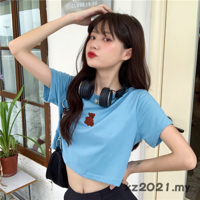 Áo thun tay ngắn thêu hoạt tiết gấu đáng yêu cho nữ