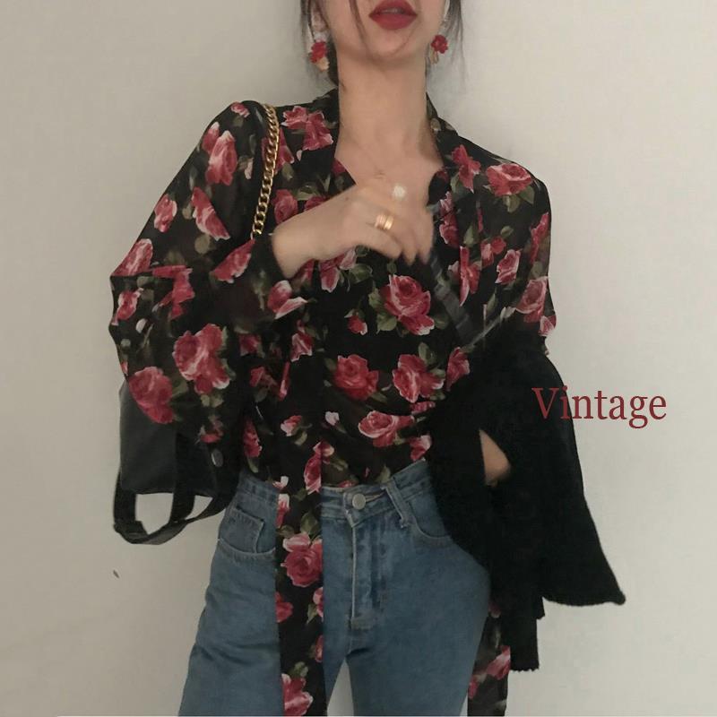 Áo Sơ Mi Voan Hoa Dáng Dài Phong Cách Retro Dành Cho Nữ