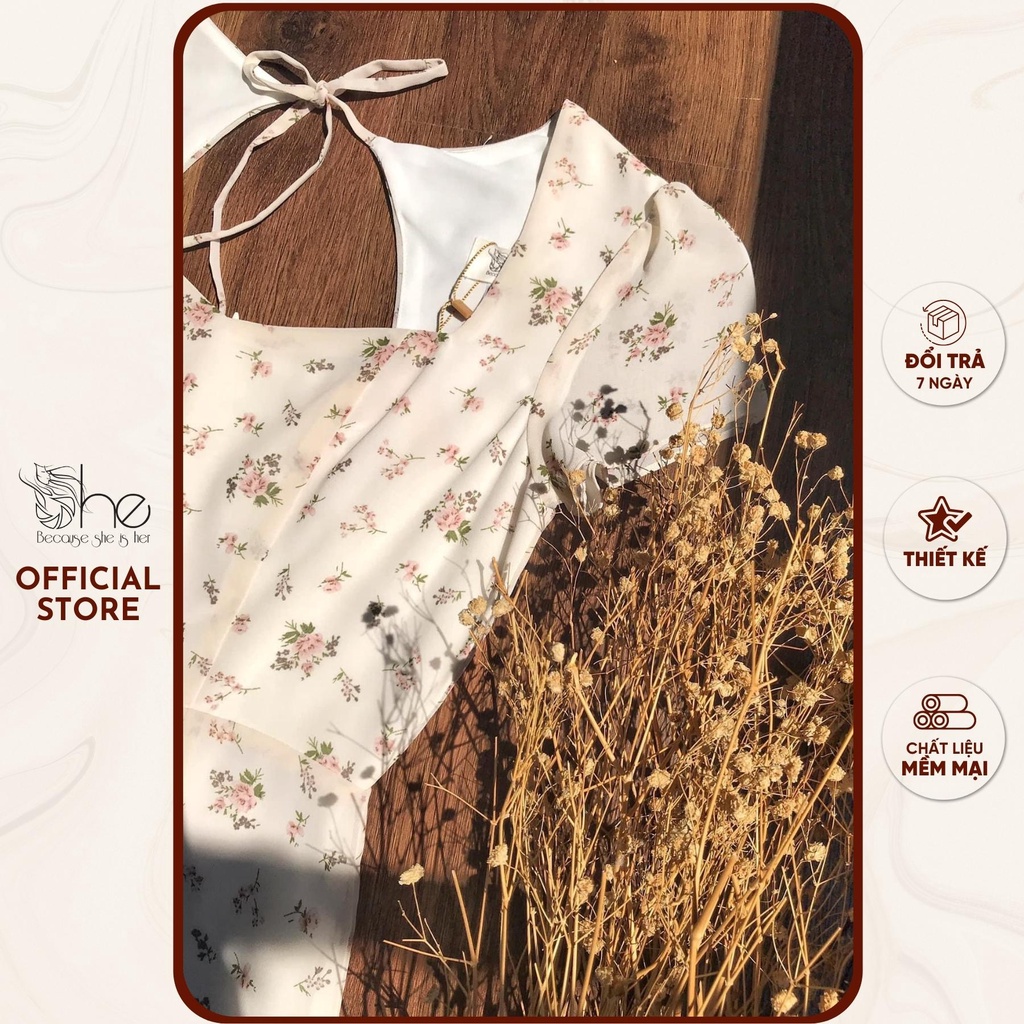 Váy đầm hoa nhí suông xẻ tà She, váy hoa voan cột dây lưng thanh lịch SDX128