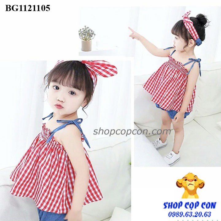 Set áo dây caro, quần jean phồng, băng đô (14-30kg)