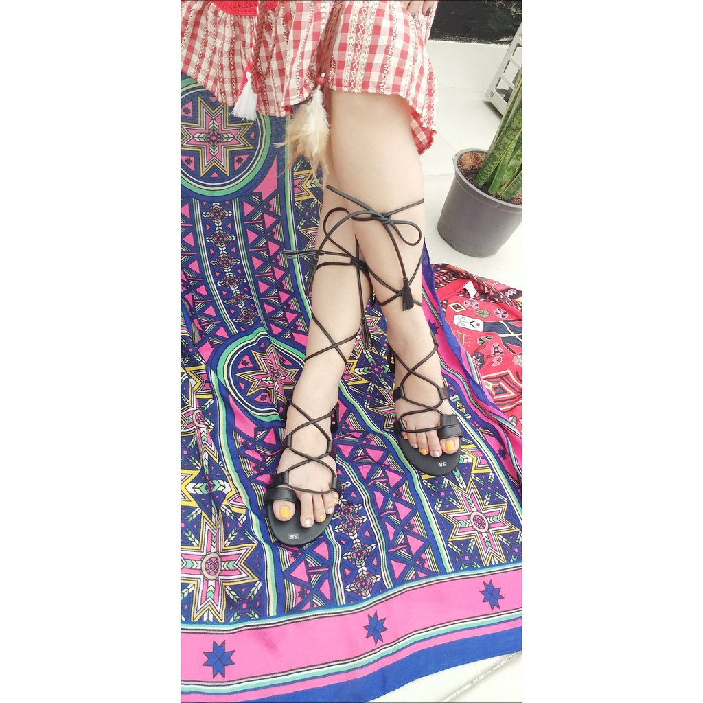 Dép Sandal Boho Cột Dây Chiến Binh Tua Rua - Boho Vintage Style