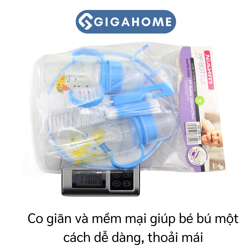 Bộ Bình Sữa Rộng Có Quai Cầm, Kèm Yếm, Tăm Bông, Cọ Rửa An Toàn GIGAHOME 8988