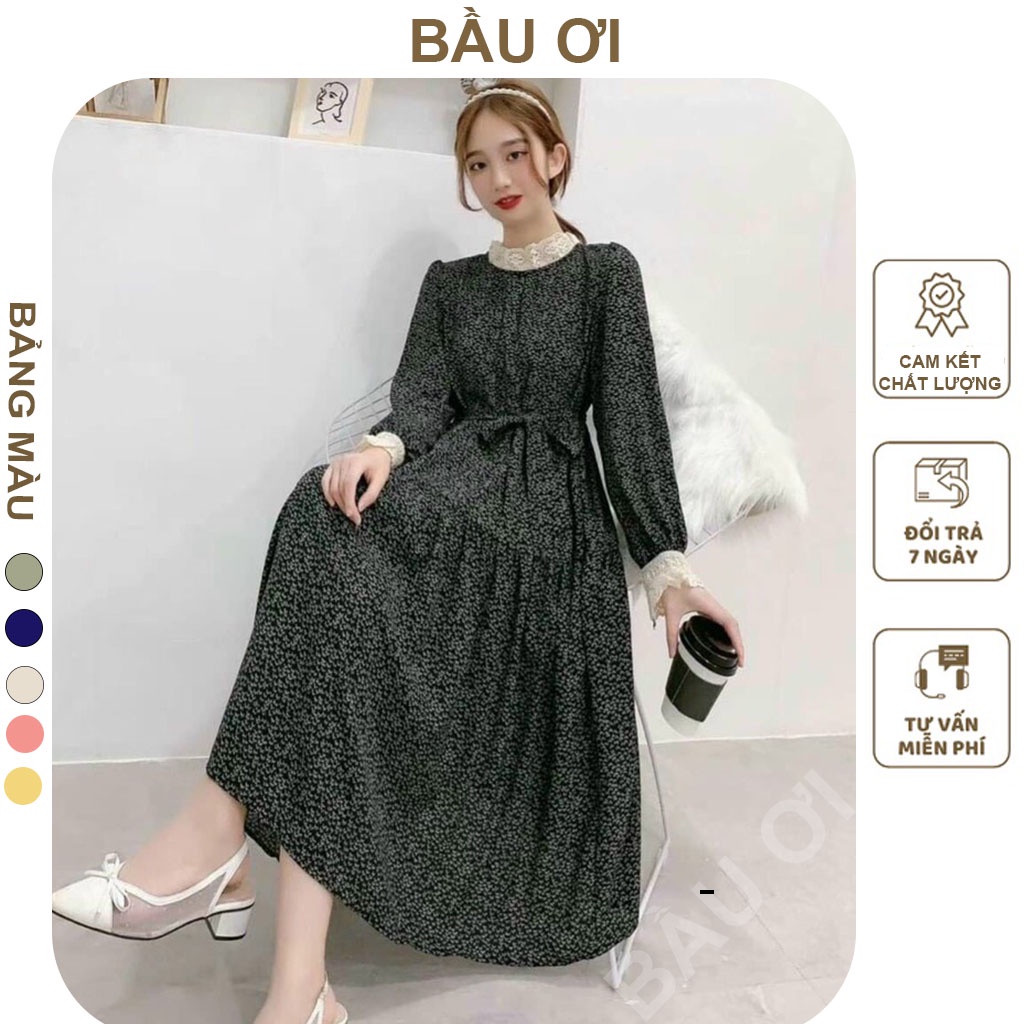 [BAUOII V112] VÁY BẦU THU ĐÔNG DÀI TAY HOA NHÍ VINTAGE CỔ REN DÁNG SUÔNG TRẺ TRUNG - ĐẦM BẦU CÔNG SỞ FREE SIZE ĐẾN 70KG