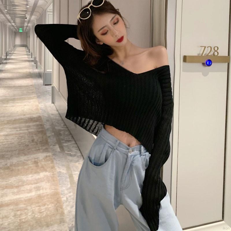 Áo sweater tay dài dáng rộng màu sắc đơn giản cho nữ