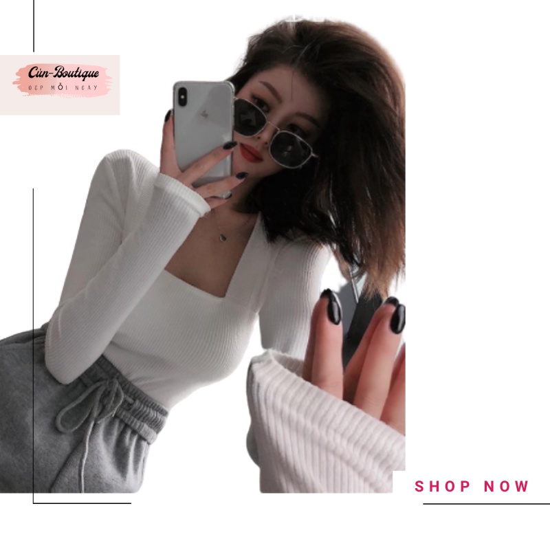 Áo Dài Tay Cổ vuông dệt kim dáng ôm body Thời Trang cho nữ đi chơi đi làm one size Cún-Boutique | BigBuy360 - bigbuy360.vn