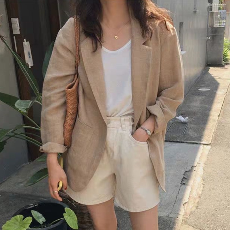 Áo khoác RENJIANVSHENG 185247 vải lanh cotton phong cách Hàn Quốc thanh lịch cho nữ