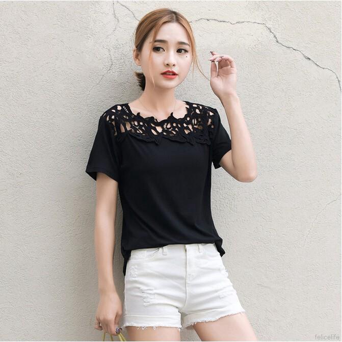 Áo tay ngắn phối lớp ren hoa xinh xắn cho nữ
