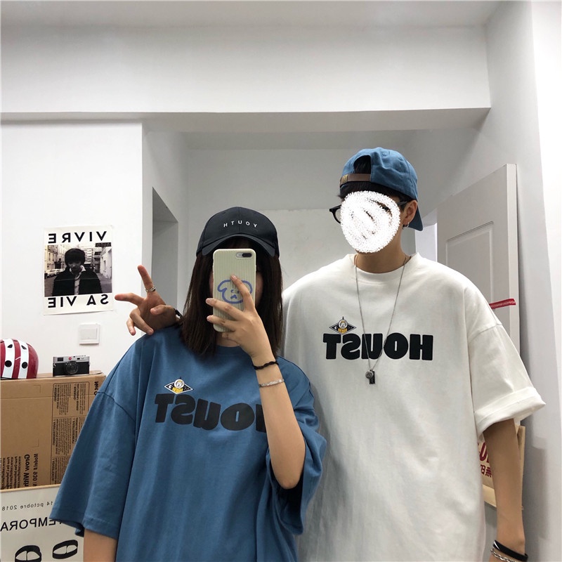 Áo thun tay ngắn cổ tròn dáng rộng in chữ thời trang Hàn Quốc cho nam nữ