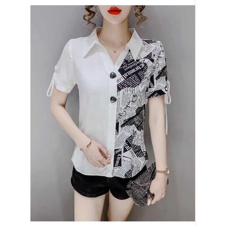 Áo Sơ Mi Chiffon Tay Ngắn Cổ Bẻ Ghép Vải In Họa Tiết Thiết Kế Mới Phong Cách Hàn Quốc Thời Trang Mùa Hè Cho Nữ