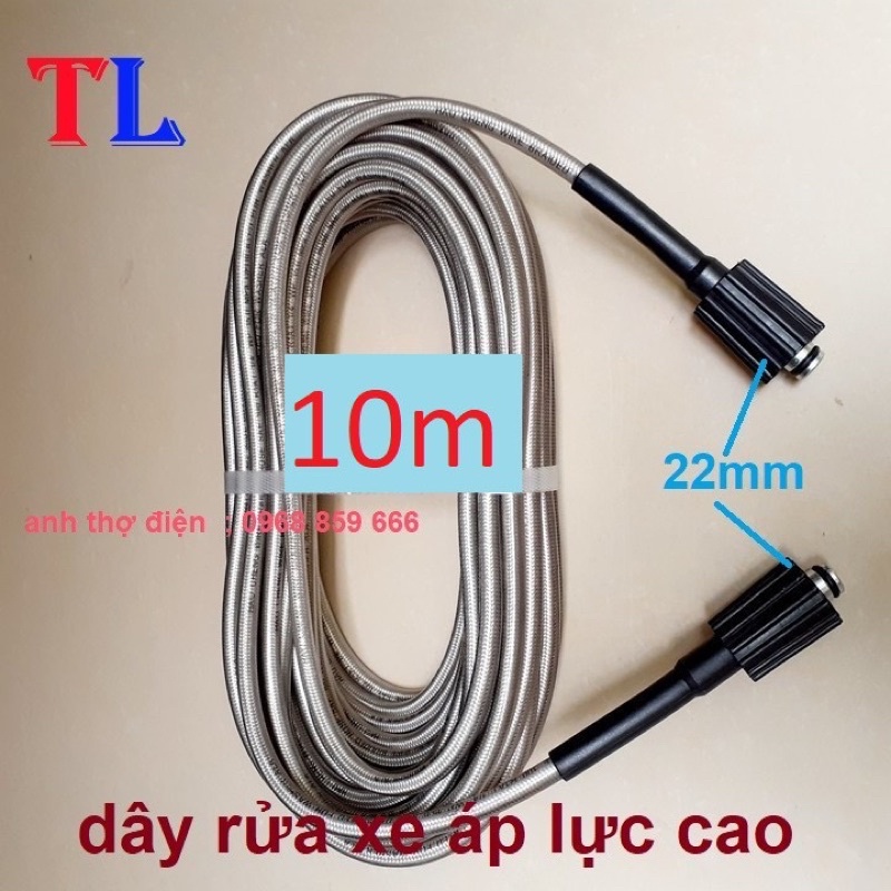 Dây rửa xe 10M,15M,20M áp lực cao 2 đầu to ren 22 tặng kèm khớp Đồng nối dây ren 22mm