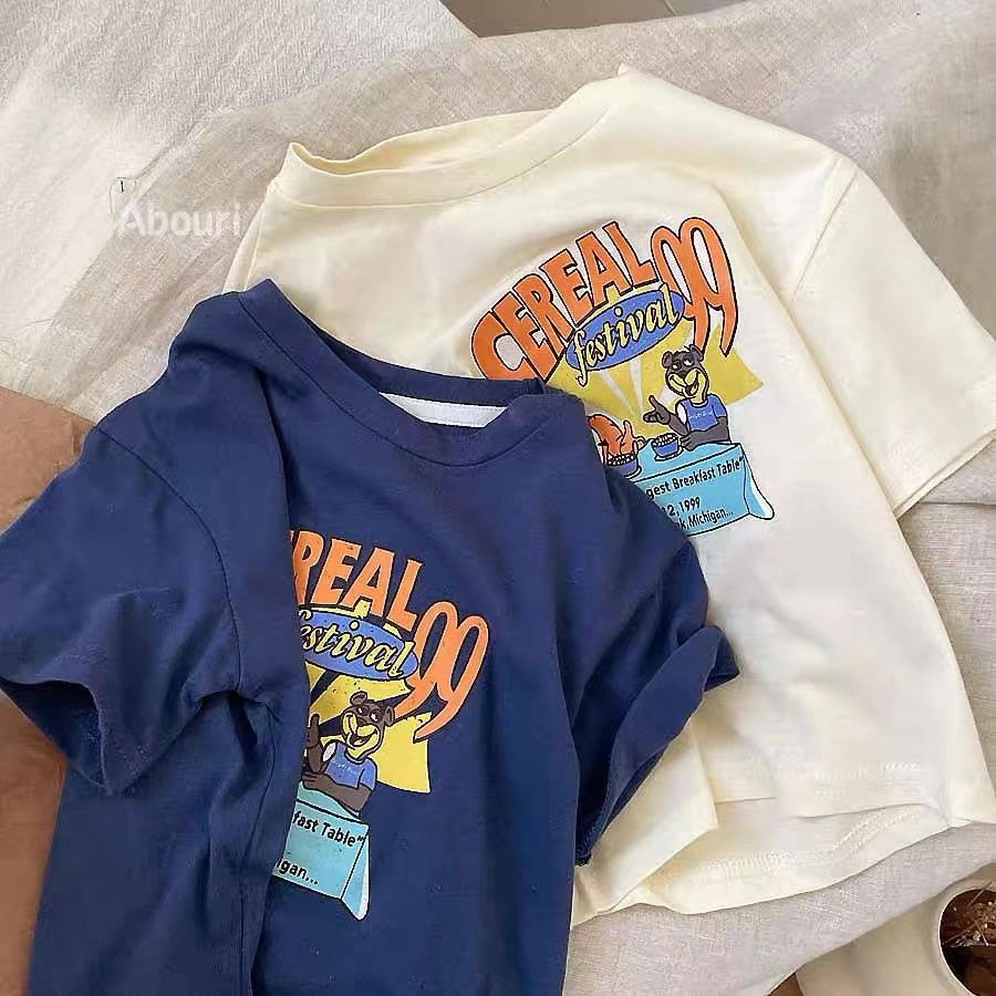 Áo Thun Cotton Ngắn Tay Cổ Tròn In Chữ Hoạt Hình Thời Trang Mùa Hè Dành Cho Trẻ 48 Tiếng