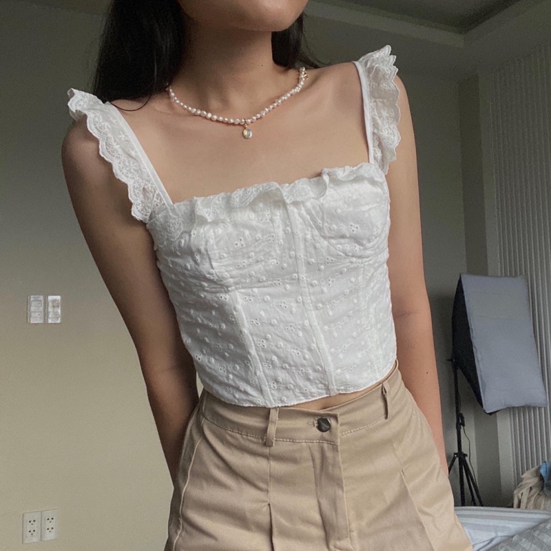 Áo croptop corset trắng ren Strappy
