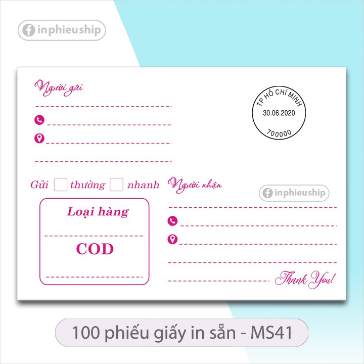 GIÁ RẺ 100 tờ phiếu ship giao hàng in sẵn MS41