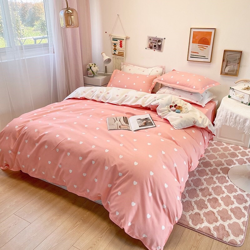 Bộ chăn ga Cotton Poly Bo Decor chăn ga Hàn Quốc họa tiết tim hồng