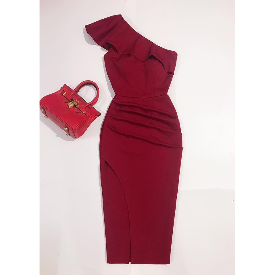 [ xả kho ] MiD VÁY ĐỎ LỆCH VAI CỔ VẠT V1178 Mie Design kèm hình thật