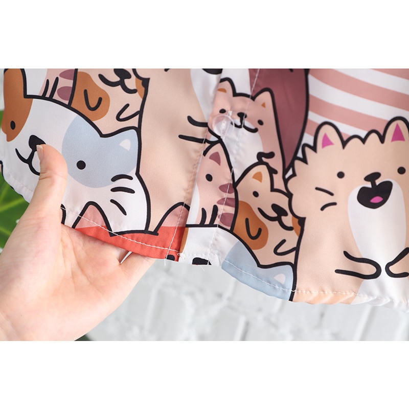 Set Áo Thun Tay Ngắn In Hình Mèo Hoạt Hình + Quần Short Cotton Thời Trang Mùa Hè Cho Bé Size 80-120cm