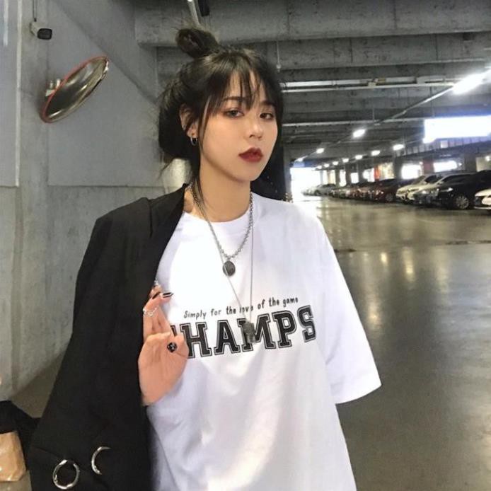 Áo thun tay lỡ nữ freesize phông form rộng dáng Unisex - Champs, áo phông form rộng