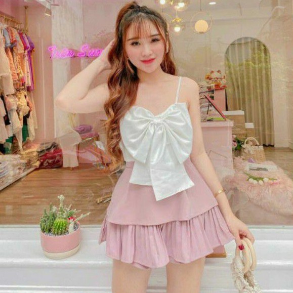 Sét áo 2 dây nơ và chân váy dập ly tầng cao cấp