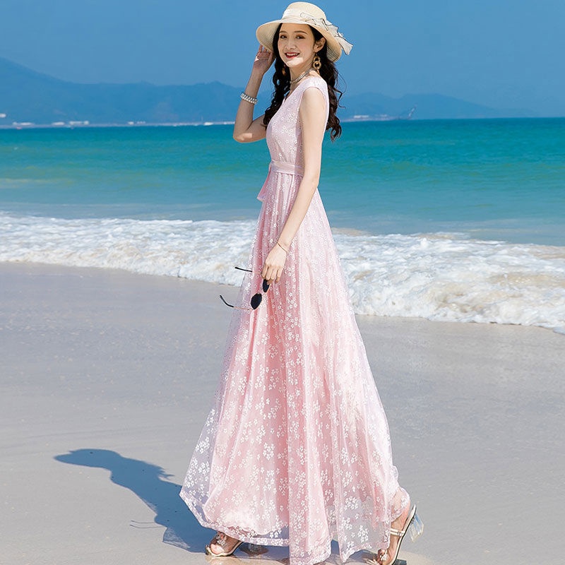 Đầm Hoa Hồng Dáng Ôm Dài Không Tay Viền Lớn Phong Cách Mới