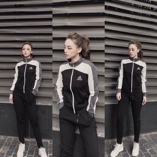 S354 Bộ Thể Thao Nữ Phối Áo Khoác Cổ Tàu Pha Màu Cá Tính Và Quần Tập Cạp Chun Dễ Mặc , Chất Umi Dày Dặn