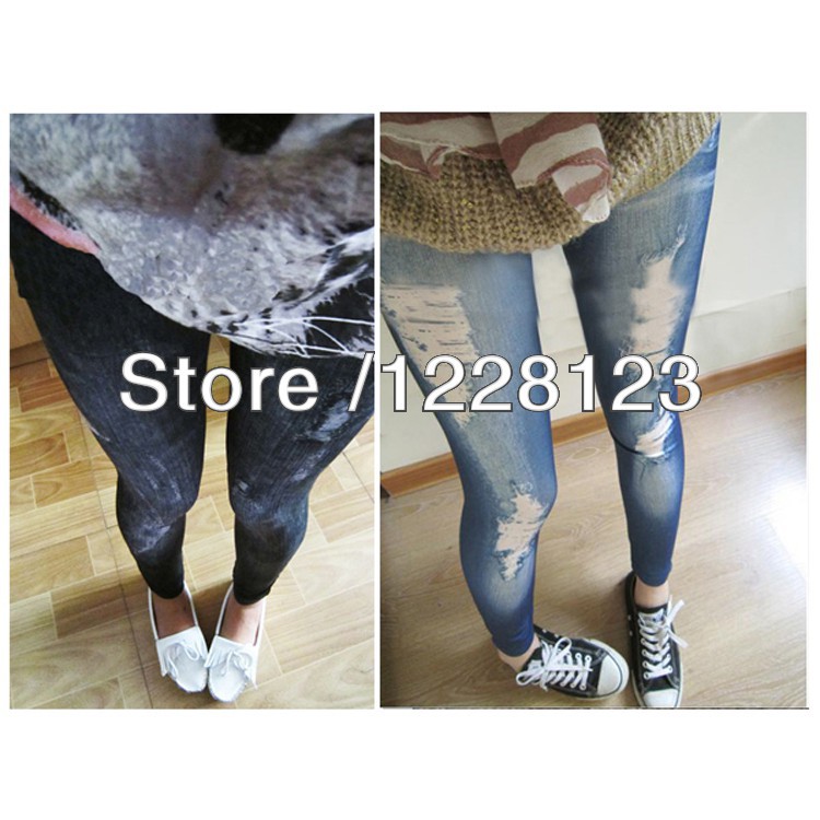 Quần legging nữ giả jeans dạng rách
