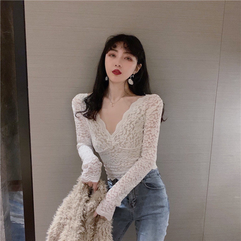 Áo tay dài cổ chữ V phối ren lưới thời trang mới cho nữ