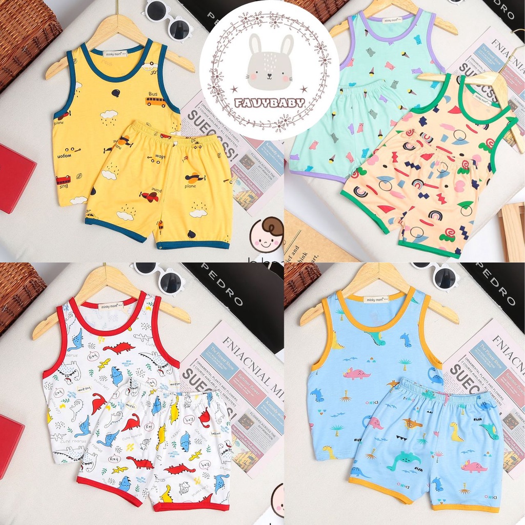 Bộ MINKY MOM Mùa Hè Bé Trai Bé Gái Ba Lỗ Viền Thun Lạnh Hoạ Tiết Hoạt Hình Máy Bay Động Vật Trẻ Em 0-5 Tuổi- Favybaby