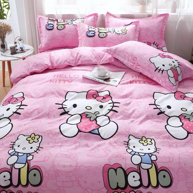 Bộ Ga Và 2 Vỏ Gối Cotton Poly Mẫu Hello Kitty Thiên Thần Hồng