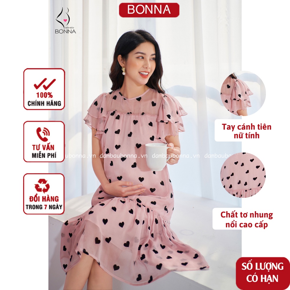 Váy bầu công sở BONNA dáng suông đuôi cá nhã nhặn, chất tơ nhung nổi, họa tiết trái tim xinh xắn, có 2 lớp kín đáo VS120