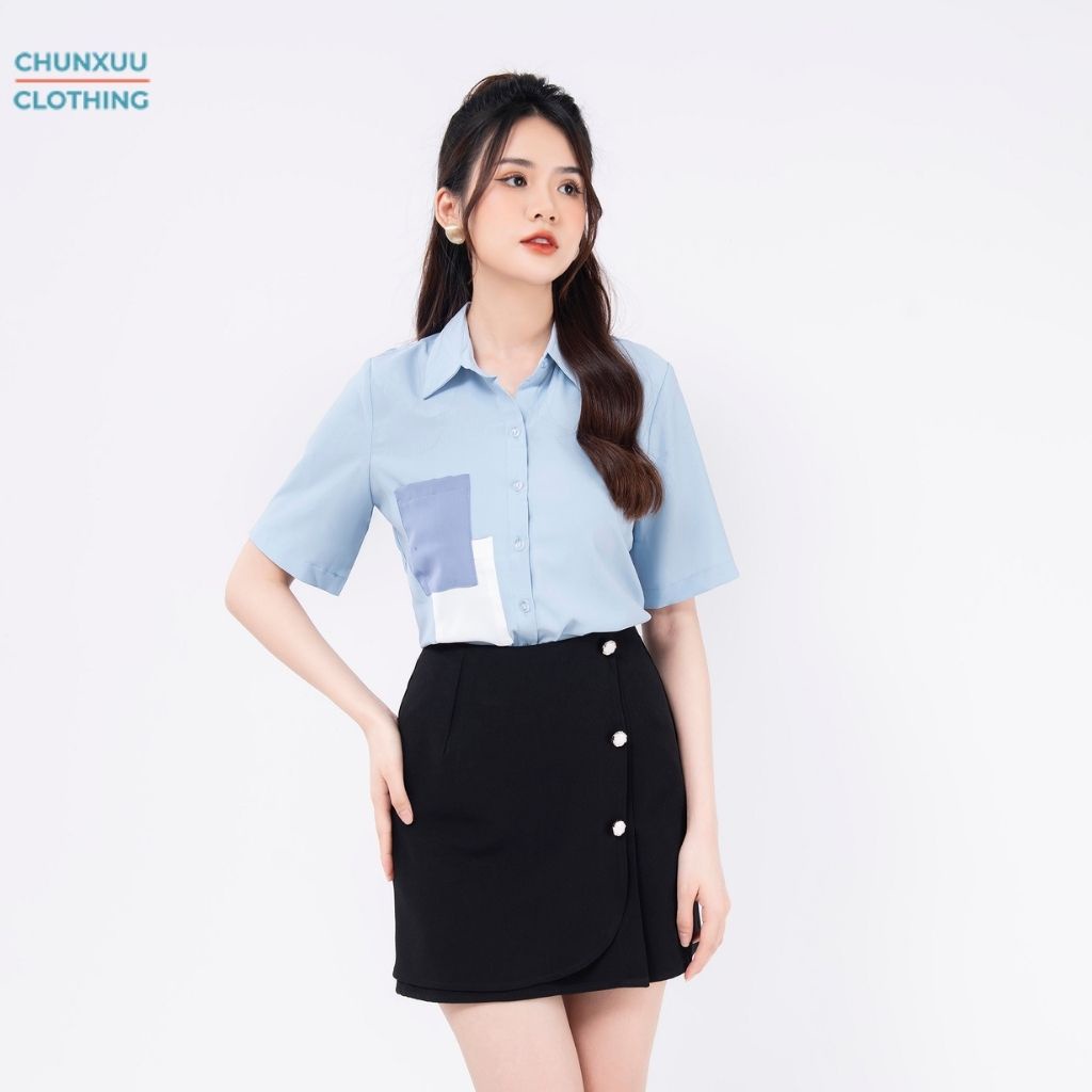 Áo sơ mi nữ trắng cộc tay Chunxuu thiết kế túi áo cách điệu thời trang - SK05