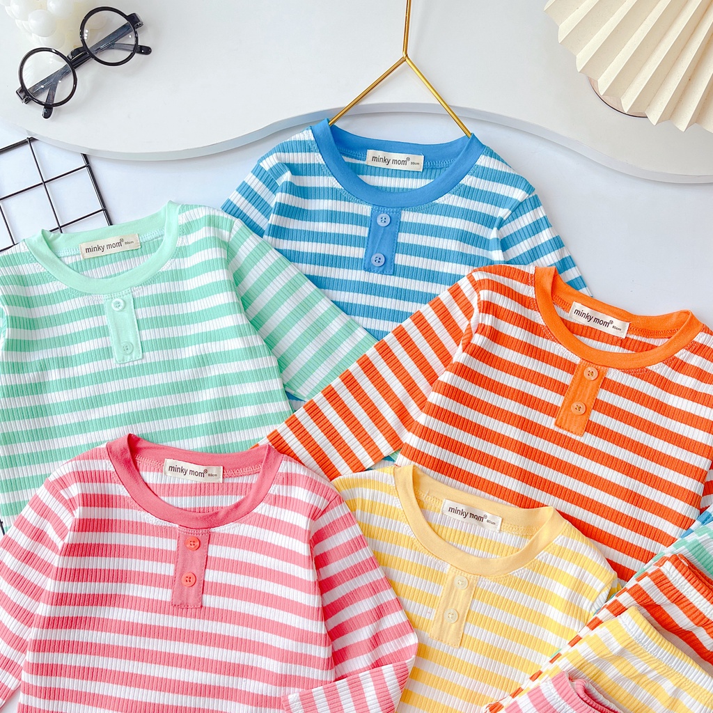Bộ Dài Tay Cho Bé Gái, Bé Trai KIMCHI Vải Thun Gân Hoạ Tiết Sọc Ngang Cúc Cổ, Bộ Quần Áo Trẻ Em Thu Đông KWTD2105