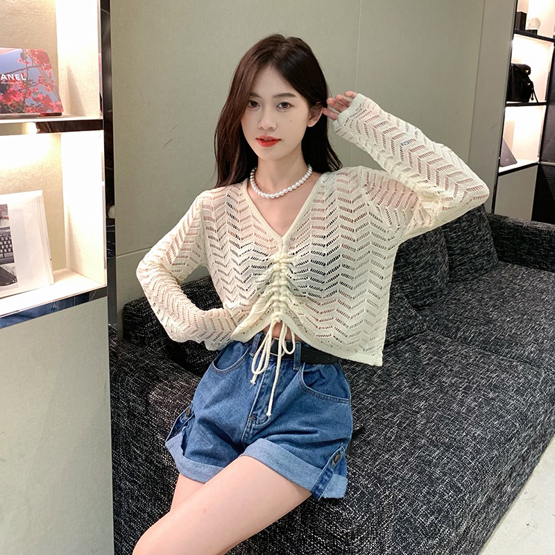 【ZHELIHANGFEI】Áo Dệt Kim Tay Dài Dáng Rộng Phối Dây Rút Thời Trang Trẻ Trung Cá Tính